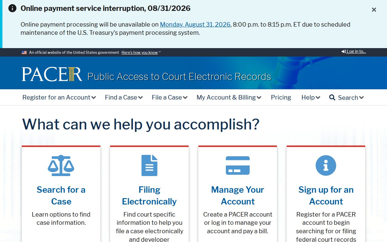 West Bloomfield Township residents directory PACER federal court search page