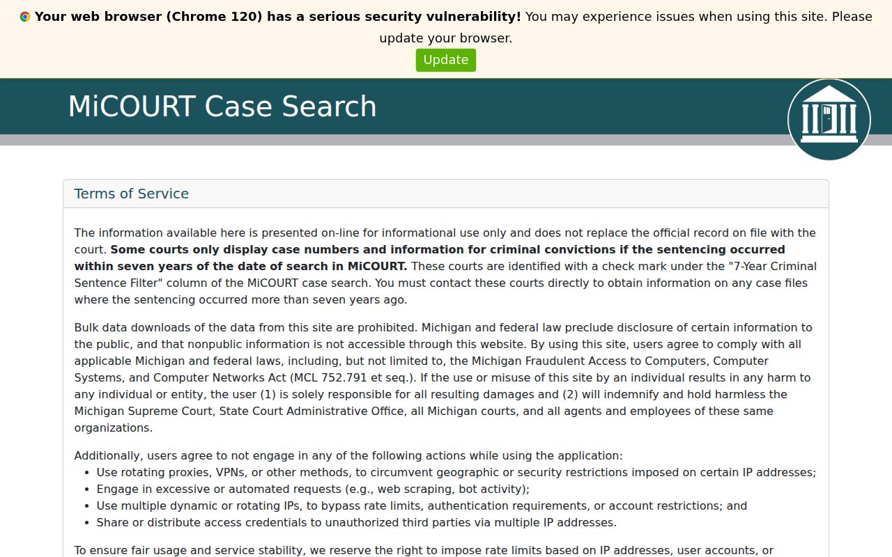 West Bloomfield Township resident lookup MiCOURT case-search terms screen