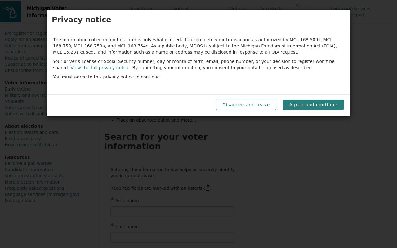 West Bloomfield Township resident lookup Michigan voter-information form